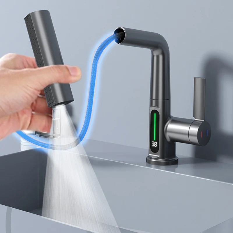 StreamSense Digital: Waterfall Basin Faucet with Temperature Display and Lift-Up Down Stream Sprayer