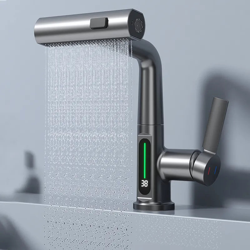 StreamSense Digital: Waterfall Basin Faucet with Temperature Display and Lift-Up Down Stream Sprayer