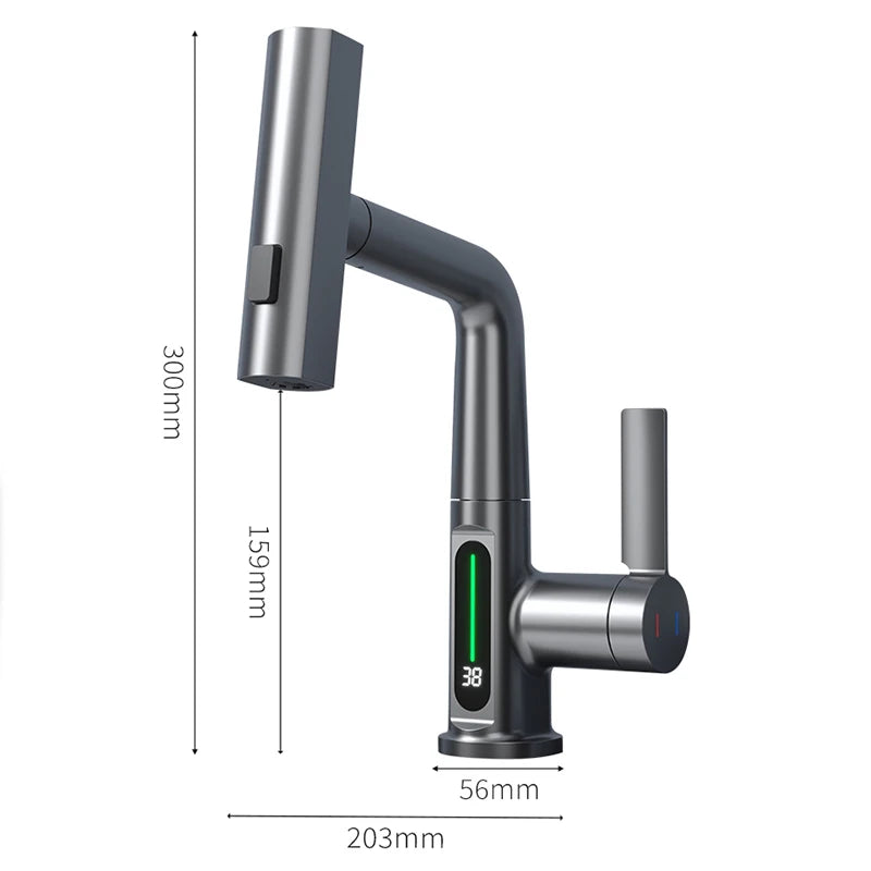 StreamSense Digital: Waterfall Basin Faucet with Temperature Display and Lift-Up Down Stream Sprayer