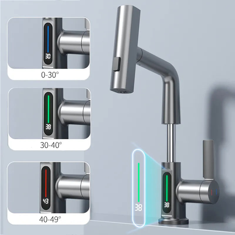 StreamSense Digital: Waterfall Basin Faucet with Temperature Display and Lift-Up Down Stream Sprayer