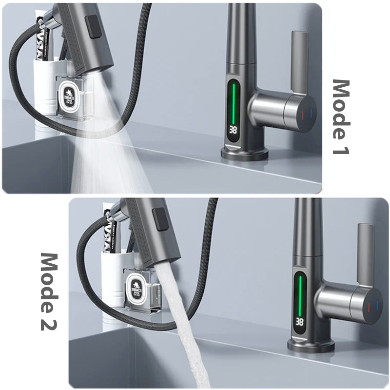 StreamSense Digital: Waterfall Basin Faucet with Temperature Display and Lift-Up Down Stream Sprayer