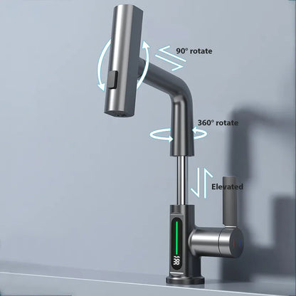 StreamSense Digital: Waterfall Basin Faucet with Temperature Display and Lift-Up Down Stream Sprayer