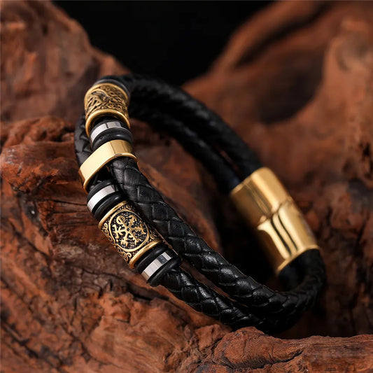 Viking Valor: Genuine Leather and Norse Rune Beaded Bracelet